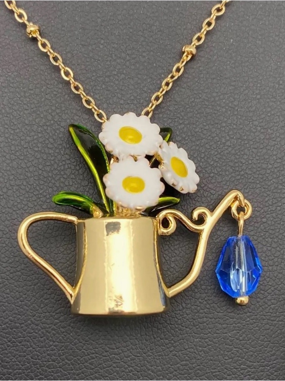 Gold Watering Can Necklace with White Daisy Flowers and Blue Crystal-NWT